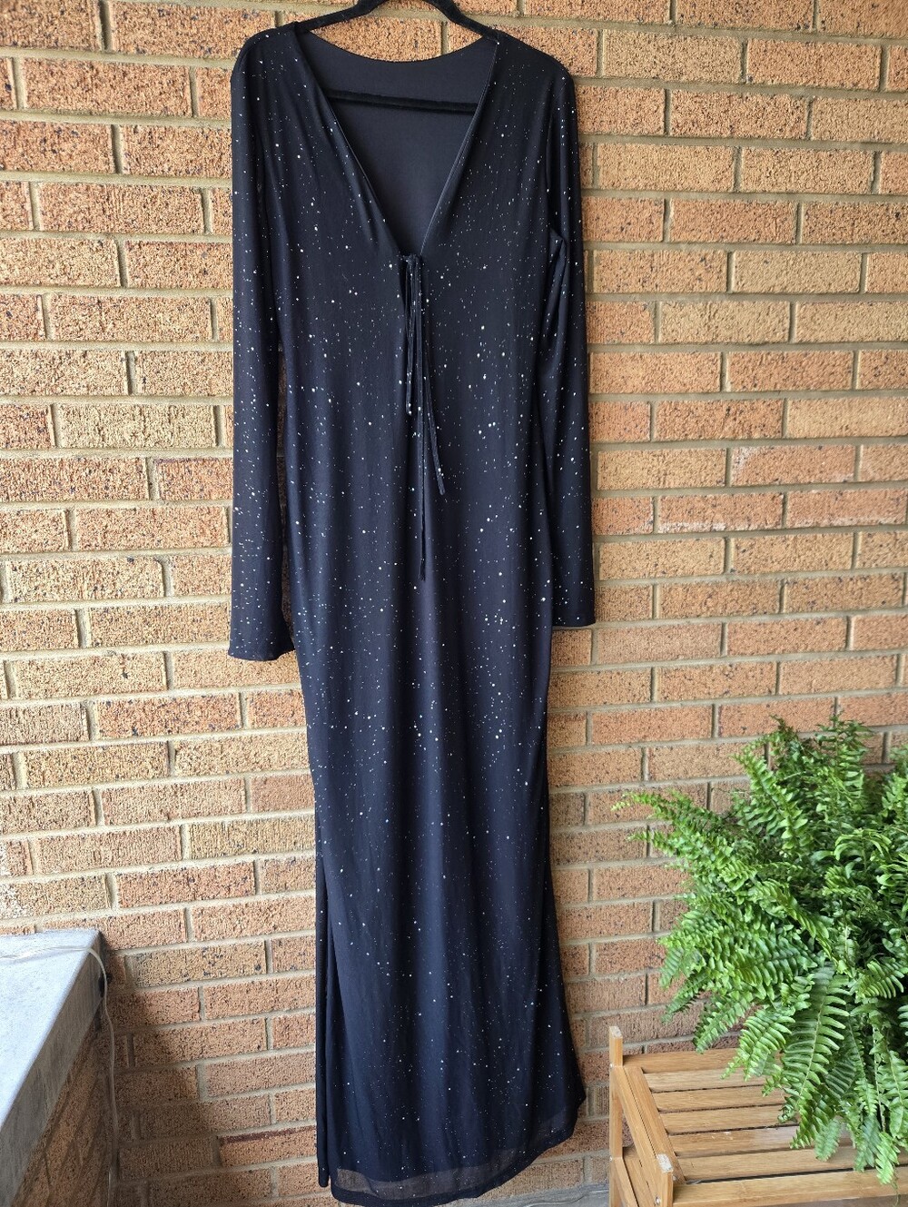 ​✨ NWT Kutumai Black Glitter Mesh Maxi Dress Sparkly Long Sleeve Front Tie XL ✨